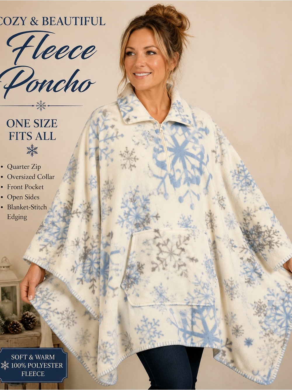 Plush Snowflake Fleece Poncho One Size Quarter Zip Winter Cape